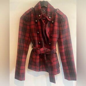 Forever 21 Red and Black Plaid Belted Pea Coat